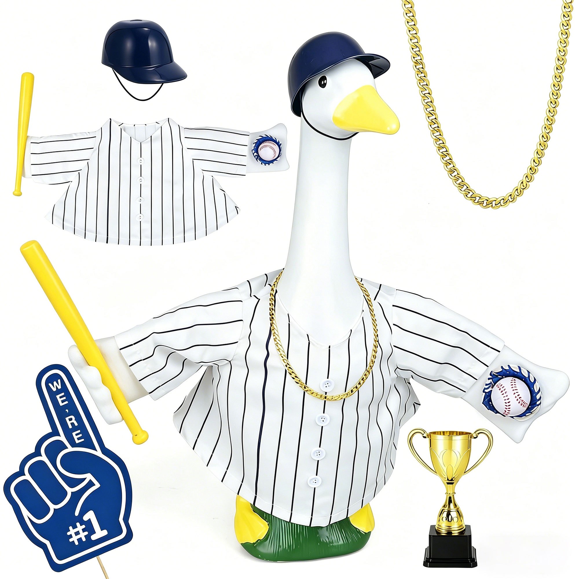 TEMU Costume de canard de porche de baseball 23 pouces 5 pièces, tenue uniforme rayée avec chapeau, collier, trophée et panneau de jardin, ensemble