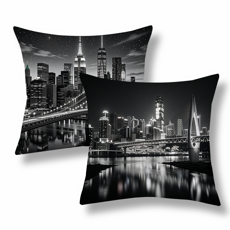 TEMU 2pcs Modern Throw Pillow Covers,decorative Cushion Cases, Cityscape Night View With And , Monochrome Tone. Versatile Pillow Shams For Sofa,