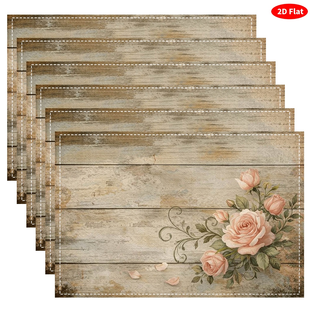 TEMU Warm Wooden Rose Placemats, Set Of 6, Kitchen Tabletop Decor, Creative Printed, Washable And Heat-resistant Table Mats, Home And Kitchenware
