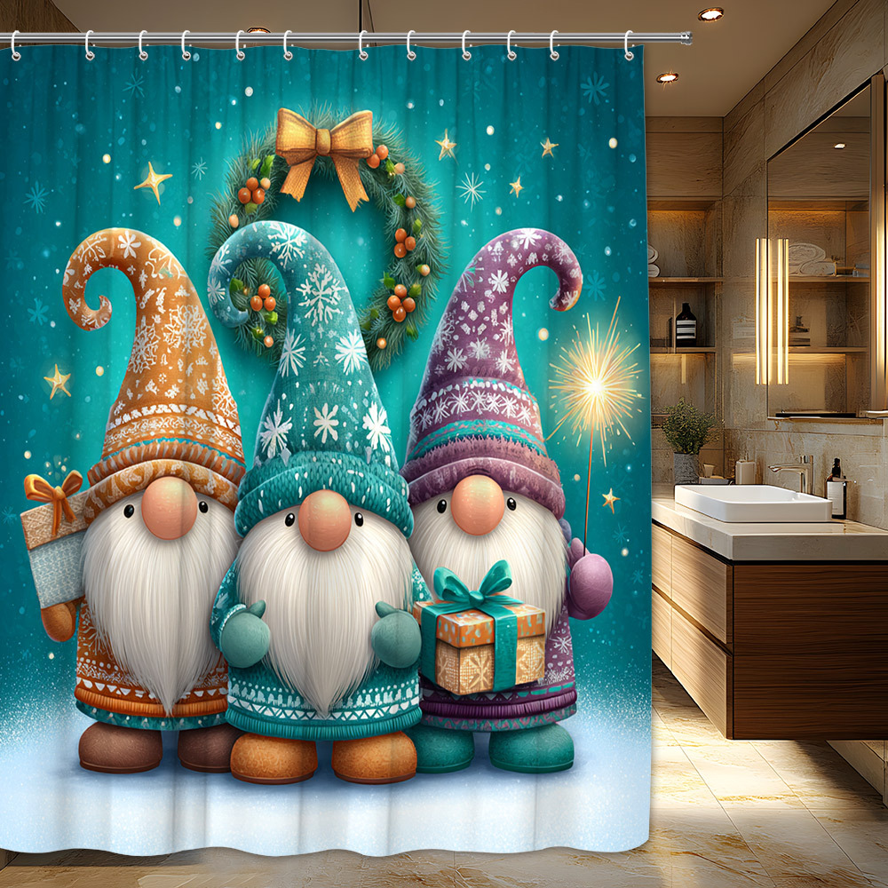TEMU 1 rideau de douche en tissu polyester, conçu pour la décoration de salle de bain. Il présente des gnomes et des de neige sur le thème des fêtes,