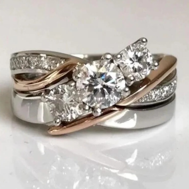 Image of 1pc Women's Anniversary Ring, Inlaid Round Synthetic Zirconia Bi-tone Wide Band Ring Men Women Daily Casual Party Fashion Jewelry