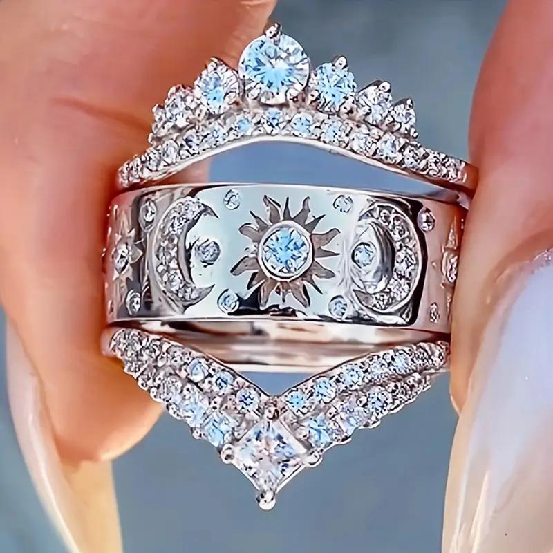Image of Luxury Vintage Bohemia Inlay Synthetic Zirconia Wide Engrave Moon Sun Rings For Women Daily Party Holiday Ring Accessories Gothic Cocktail Ring