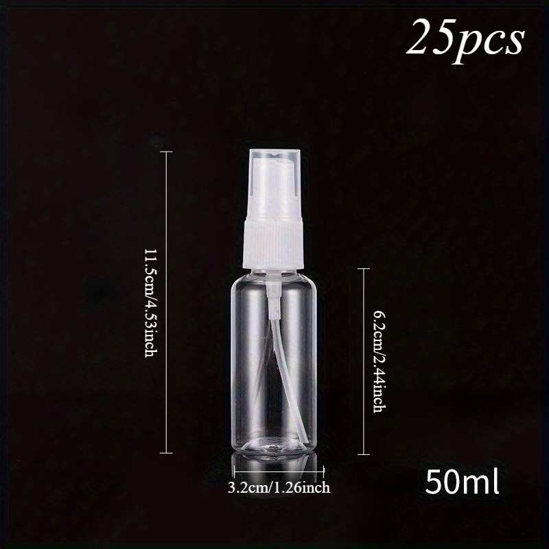 E-shop 25 Stück Nachfüllbare, durchsichtige Mini-Sprühflaschen aus Kunststoff in den Größen 30/50/100 ml, ideal für Reisen, Reinigung und Make-up,