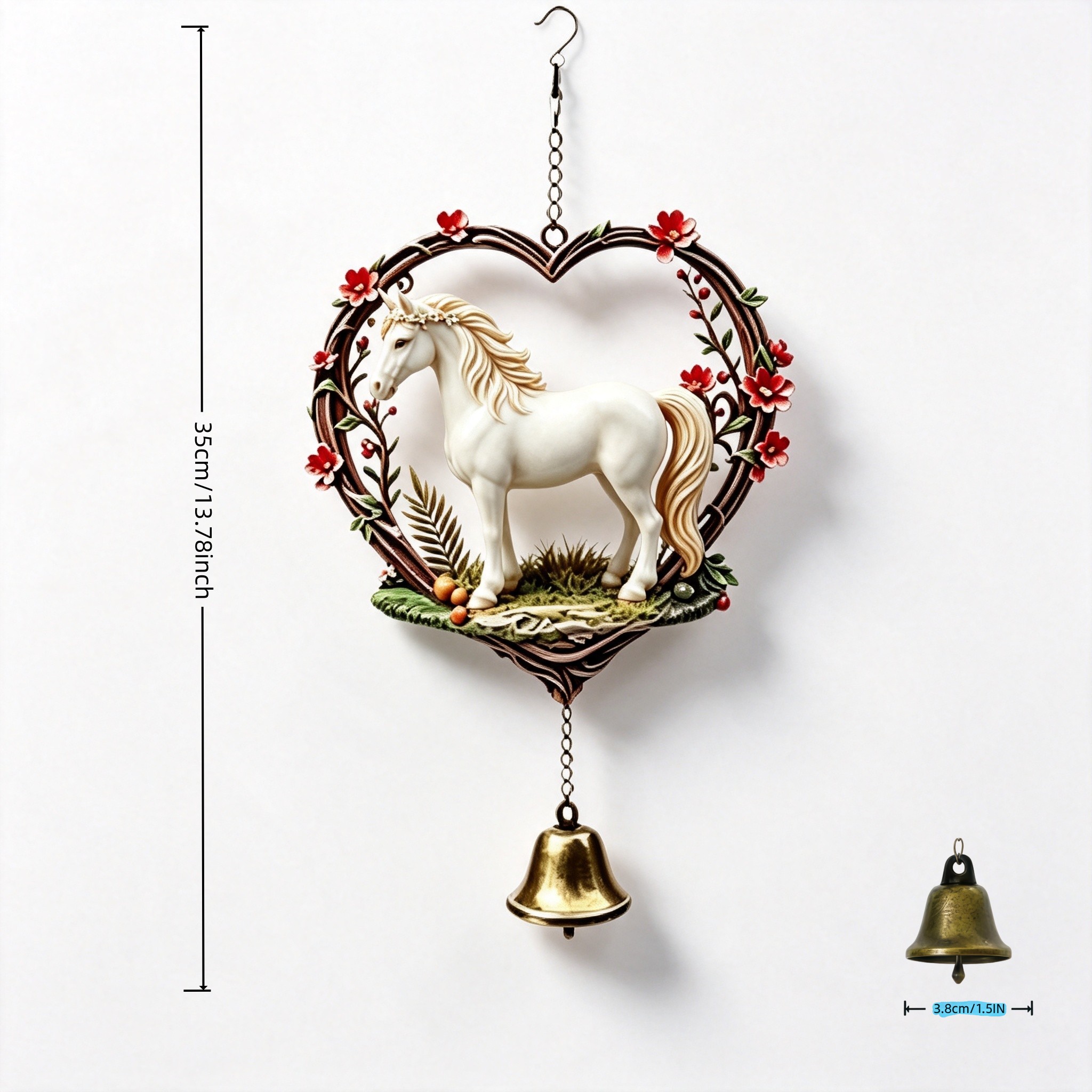 TEMU 2d Flat Acrylic Material Heart Wreath White Horse Wind Chime Decorative Pendant, Wood Grain Vine Heart-shaped Ring With Red Branch Flowers,