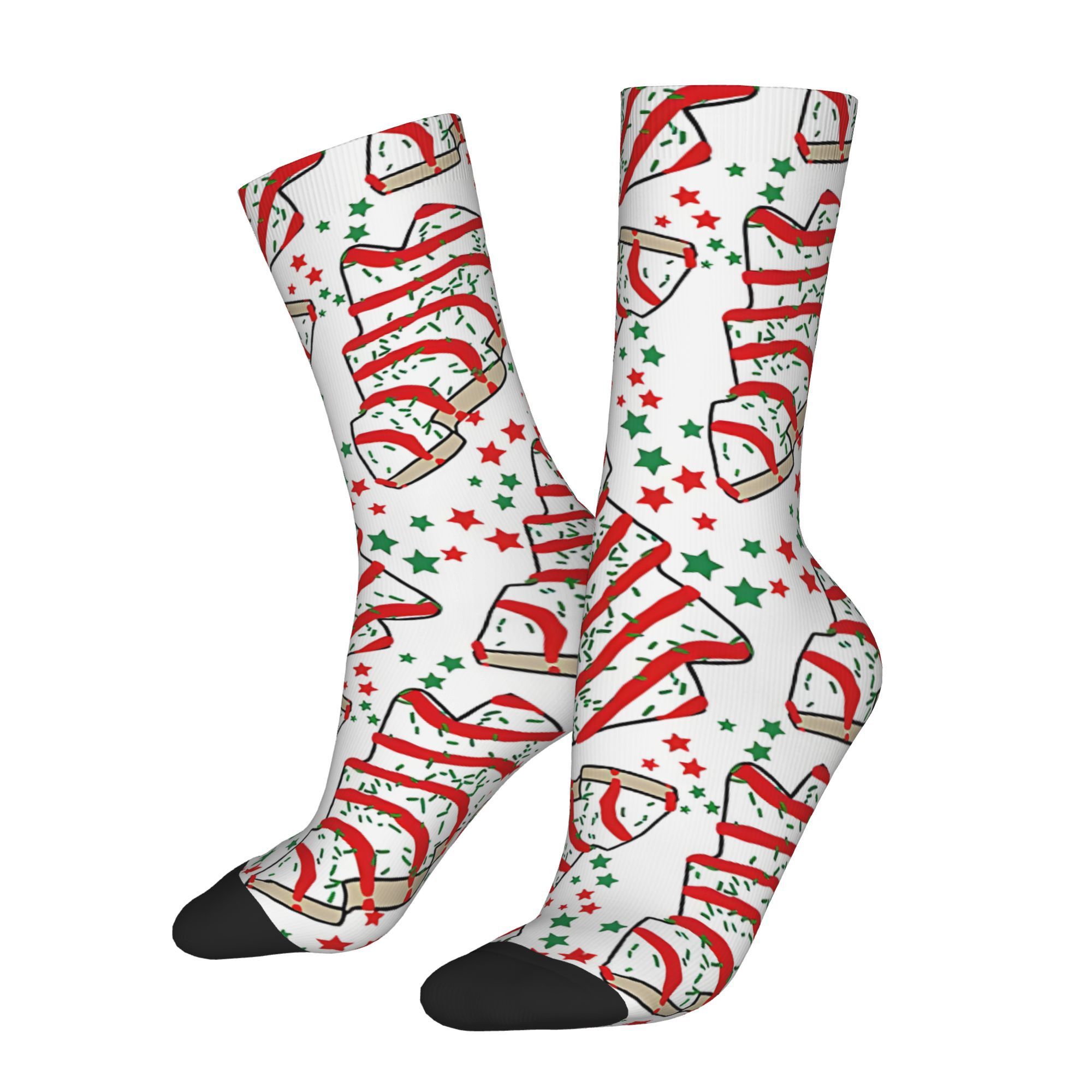 

1 Pair Crew Socks, Polyester & Elastane , Knit Fabric, Hand Washable, With Christmas Tree & Snack Cake Print, For Men And Women, Hip Hop Vintage Style Novelty Gift