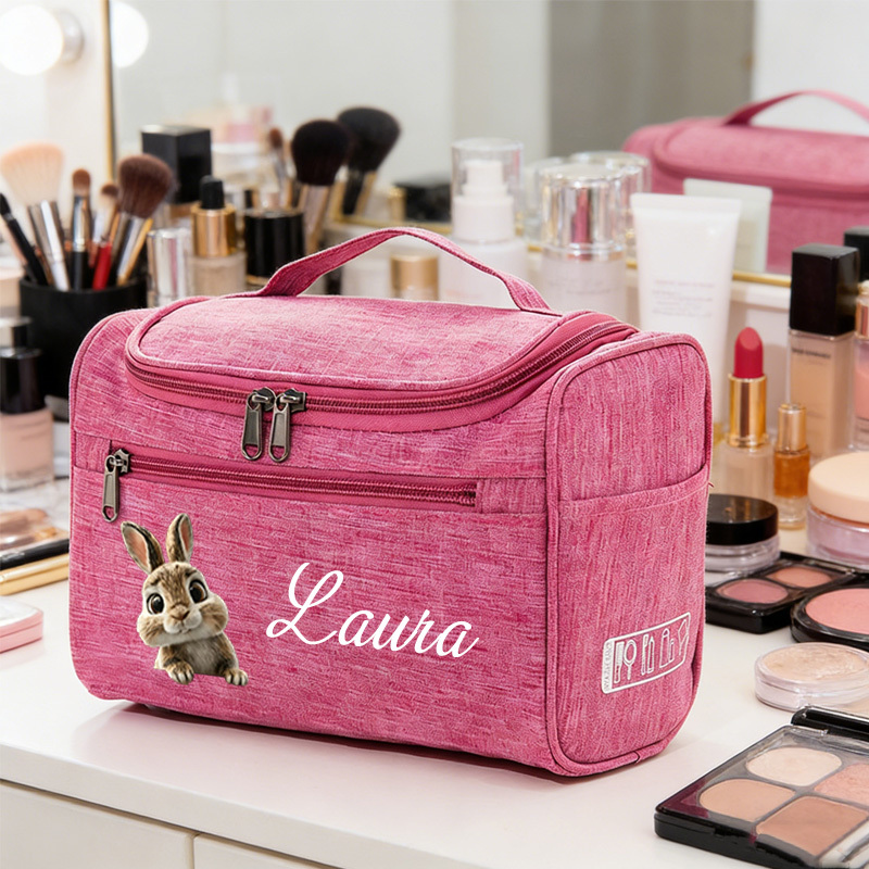 TEMU Custom Name Makeup Bag, Pink Rose Portable Cosmetic Bag, Large Capacity Travel Organizer, Personalized Design, Durable Easy To Clean, Ideal For