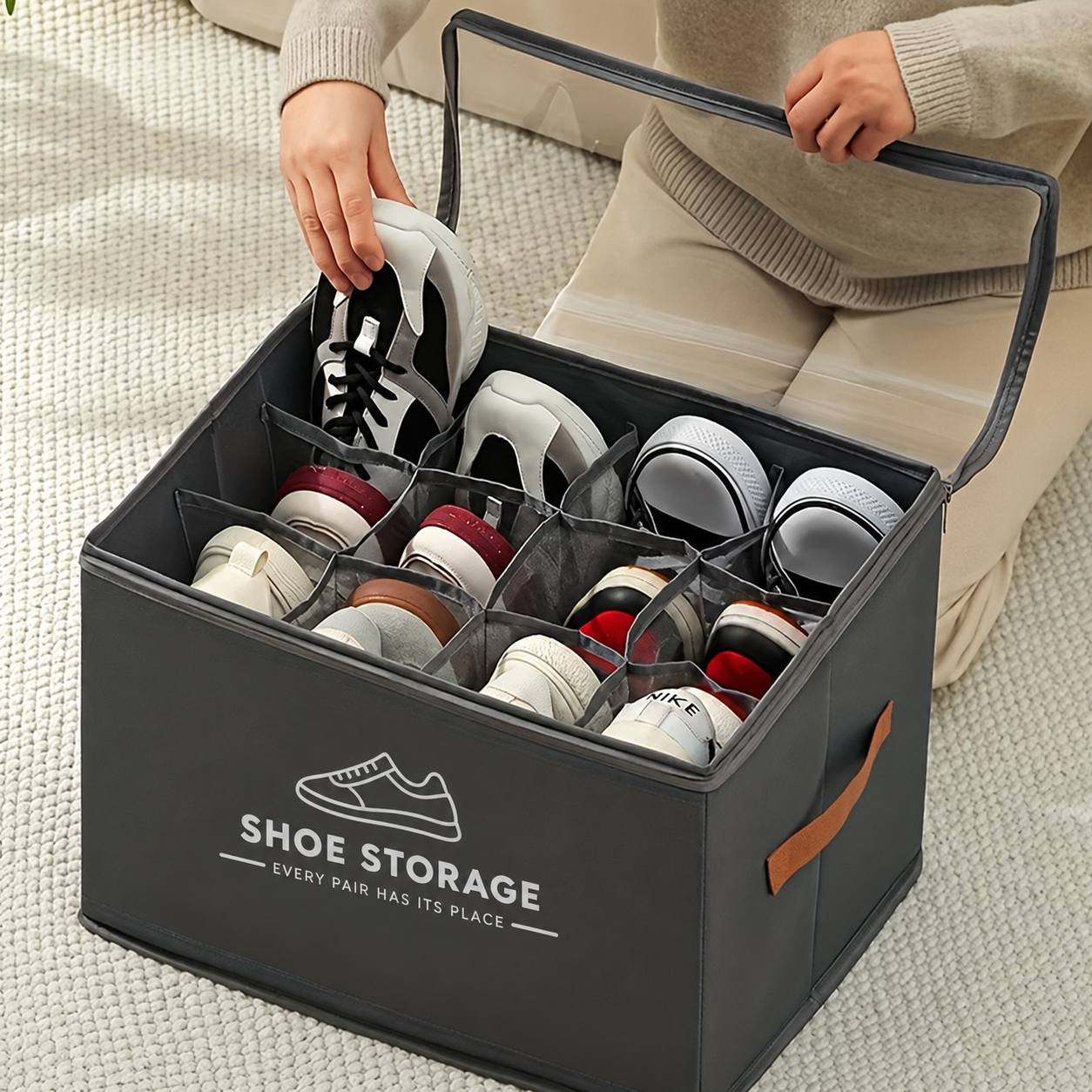 TEMU Foldable Under Bed Shoe Storage Box, Large Storage Box Organizer With Transparent Window, Heavy-duty Oxford Cloth Container With Sturdy Handles