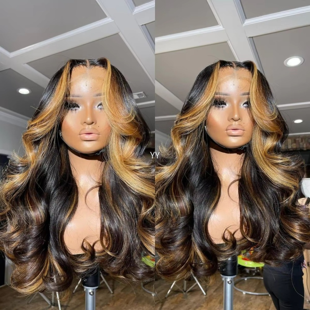 Highlight Lace Front Wig Curly Wave Hair Glueless Wigs Pre-plucked Hairline 13x4 Free Brown Blonde Wavy Lace Frontal Wigs Comfortable Suitable For Daily Wear & Special Occasions Wig 26 Inch