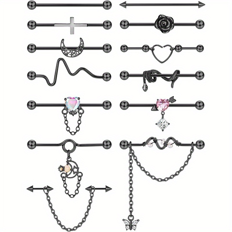 13pcs Industrial Piercing Jewelry Surgical Steel 14g Industrial Earrings Barbell With Chain Snake Moon Cartilage Helix Piercing Earrings Industrial Bar Jewelry For Women Men