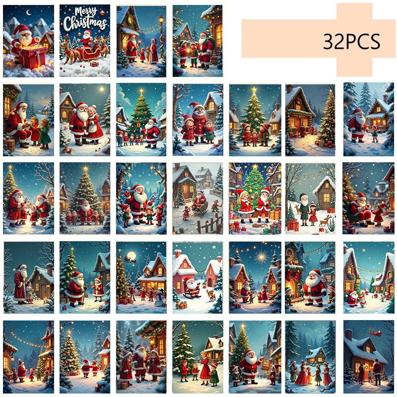 Image of 32pcs Christmas Cards, Santa Claus And Sleigh, Reindeer Postcard Decoration Cards, Photo Props, Diy Background Home Art Postcards, Decoration Cards, Bedroom Background Wall Stickers