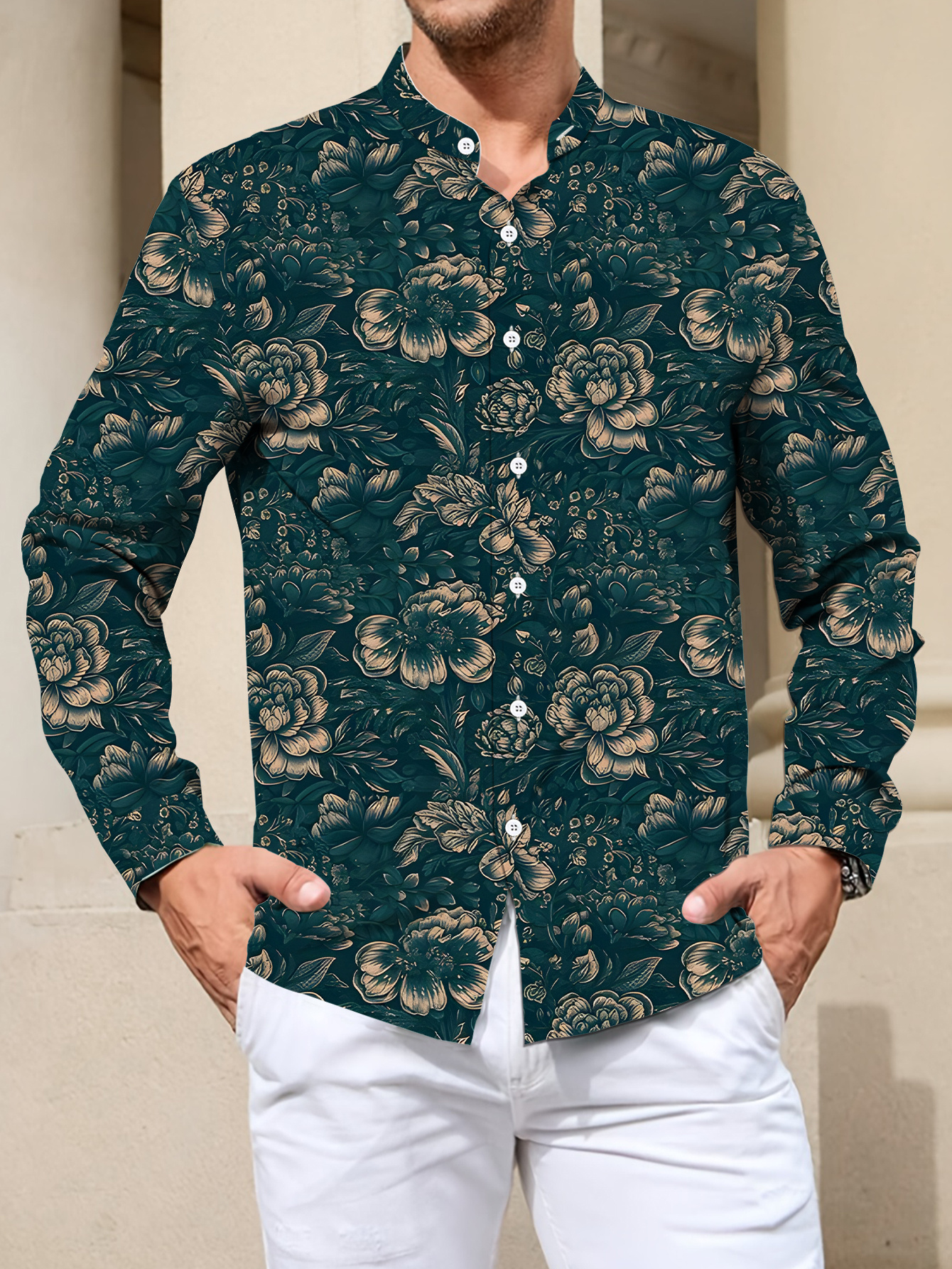 slim fit dress slacks Hisdern Green Black Floral Button Up Hawaiian Shirt for Summer Vacation 4XL main image 0