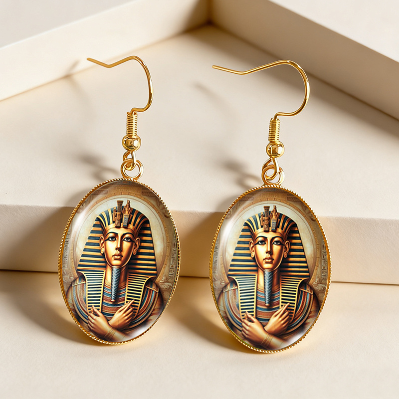 TEMU A Set Of Golden Oval Dangle Earrings The Of Ancient Egypt, Featuring A Fashionable Glass Dome Design, Without Battery