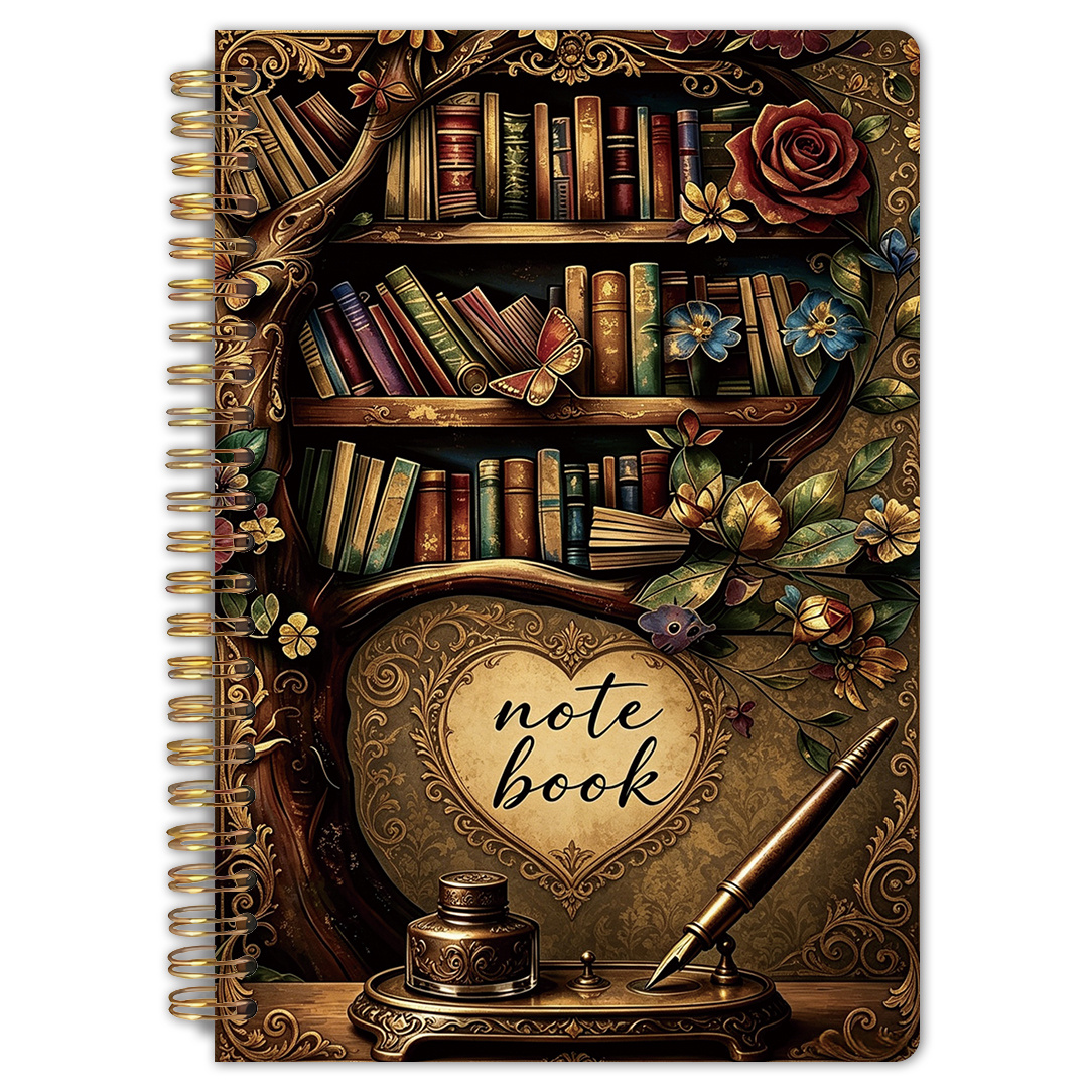 TEMU 1pc Dark Academia Bookshelf Design - Spiral Notebook, 5.5x8.3 Inches, High Quality Inner Pages, Vintage Fountain Pen & , Gothic Reading