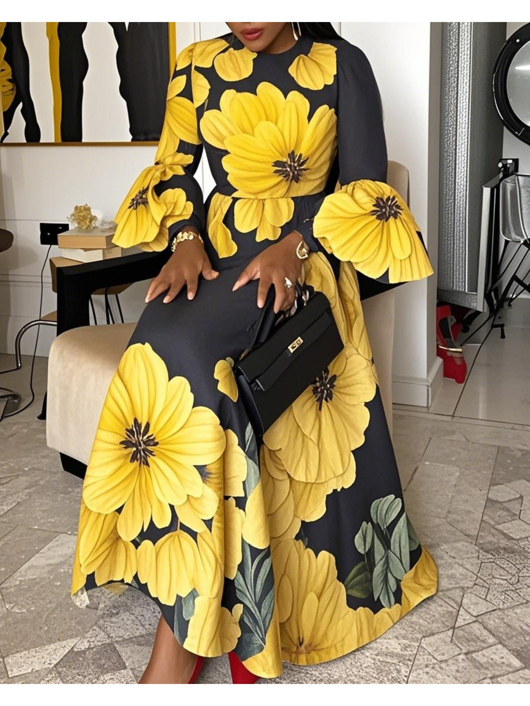 black and white dress contrast LEO LIN - Rayna Appliqué Floral Maxi Dress main image 0
