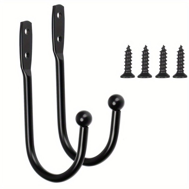 

2pcs Set, Black Metal U-shaped Curtain Hooks, , Wall Mounted Hangers With Screws, Kitchen Storage Hooks