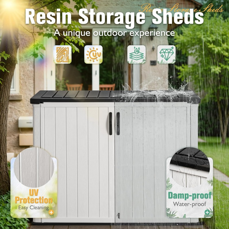 Large 27 Cu, ft Outdoor Horizontal Storage Shed - Heavy-Duty Resin Construction, Weatherproof Garden Shed with Ventilation Slots, Easy Assembly, for Backyard, Patio, Lawn, or Commercial Use - Ideal for Tools, Lawn Equipment, Seasonal Decor - White, Backyard Organization, Slatted Side Design, Durable Construction, Patio Organization, Sturdy Build, DIY Enthusiasts