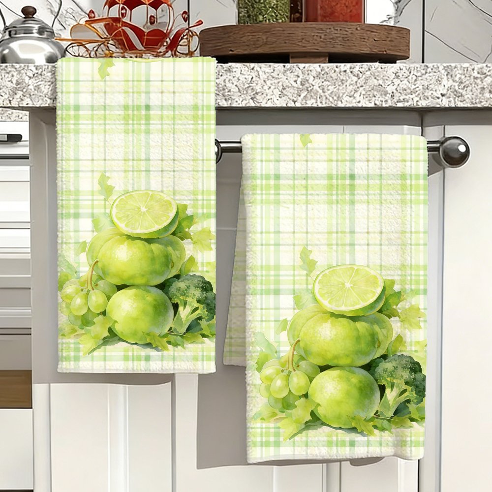 TEMU 2pcs Soft Absorbent Microfiber Kitchen Towels Suitable For Cleaning, Decorative Dishcloths With Fruit Prints (lime/grape/broccoli) & Plaid