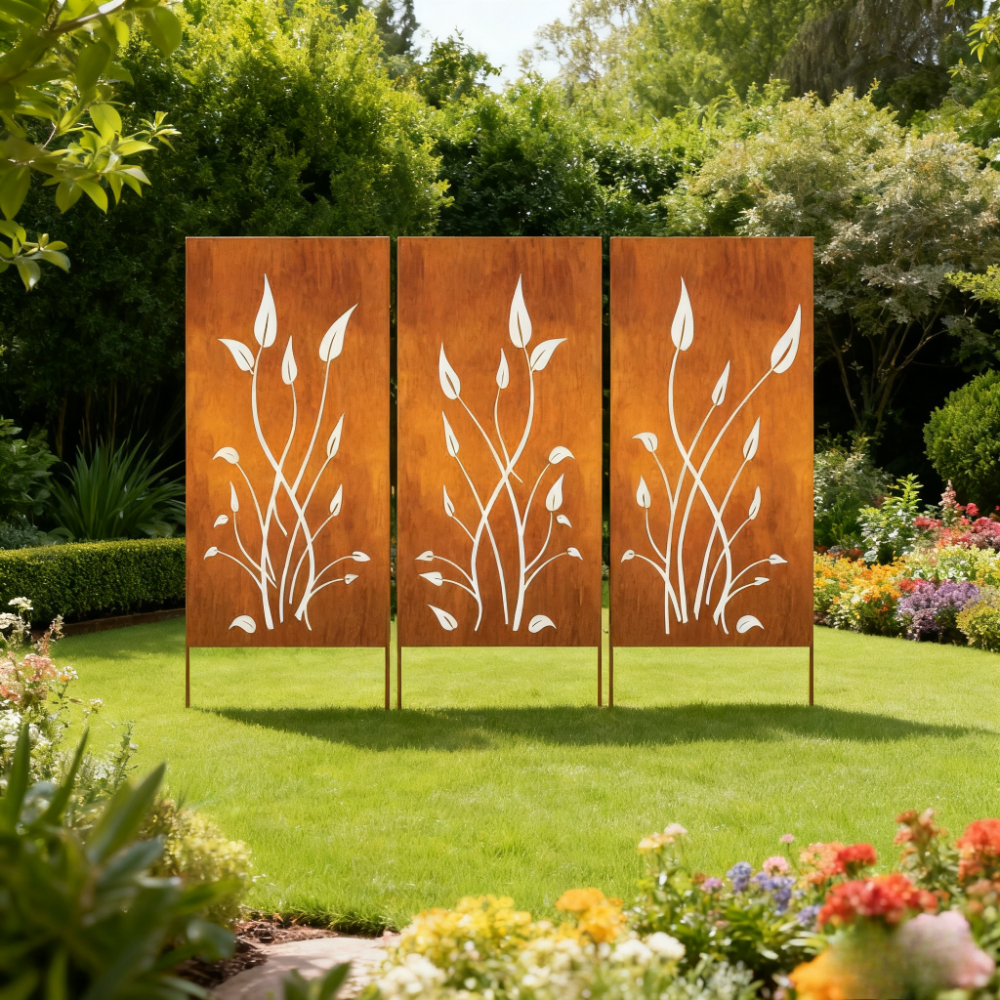 Outdoor Privacy Screen (3pcs Set), Outdoor Metal Wall Decoration, Large Metal Wall Sculpture, Wrought Iron Wall Art, Metal Garden Flowers