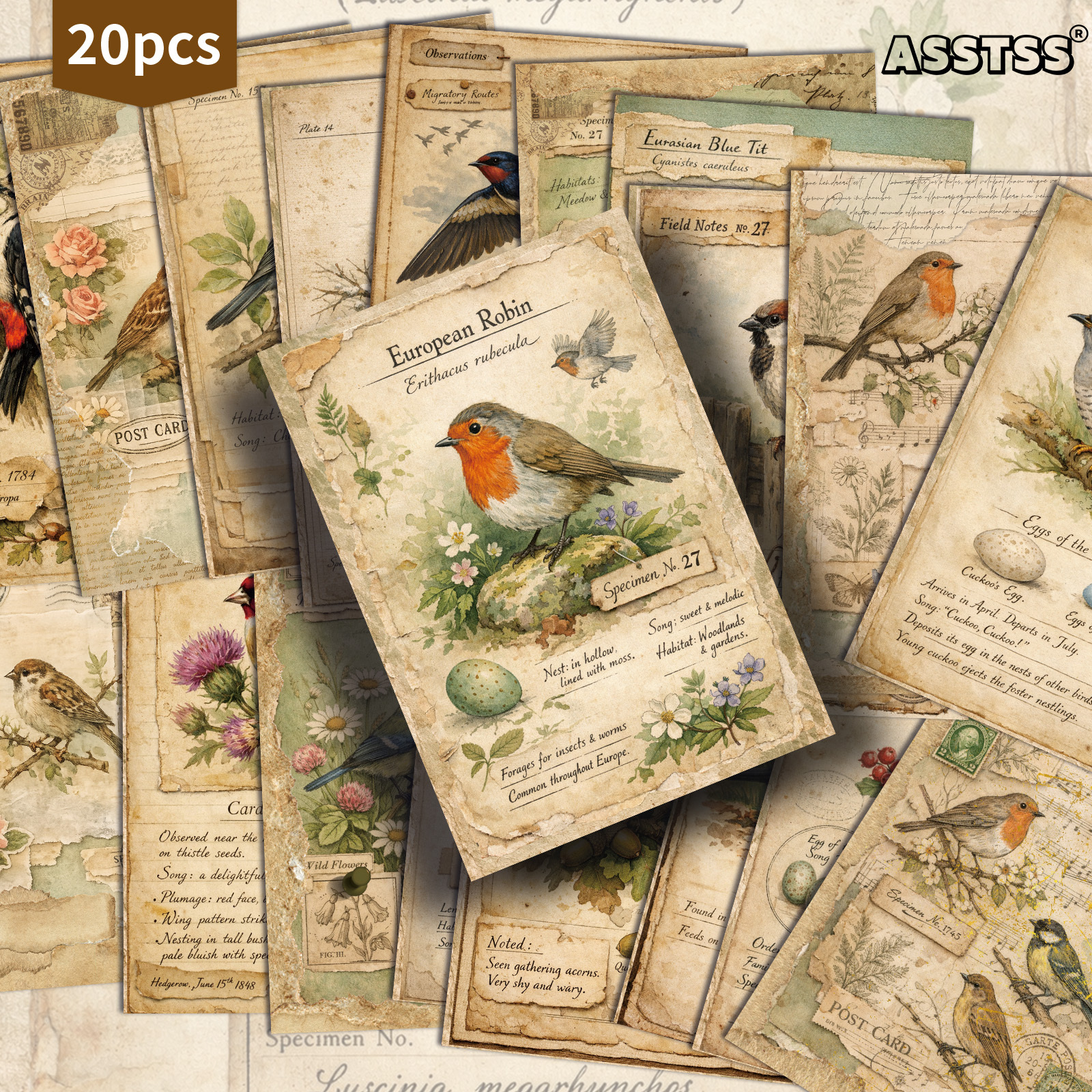 Image of 20-pack Asstss Vintage Spring Birds Postcards - 4x6 Inches Retro Junk Journal Supplies, Classic Pinup Illustrations Collectible Decorative Painting Cards For Scrapbooking & Crafting