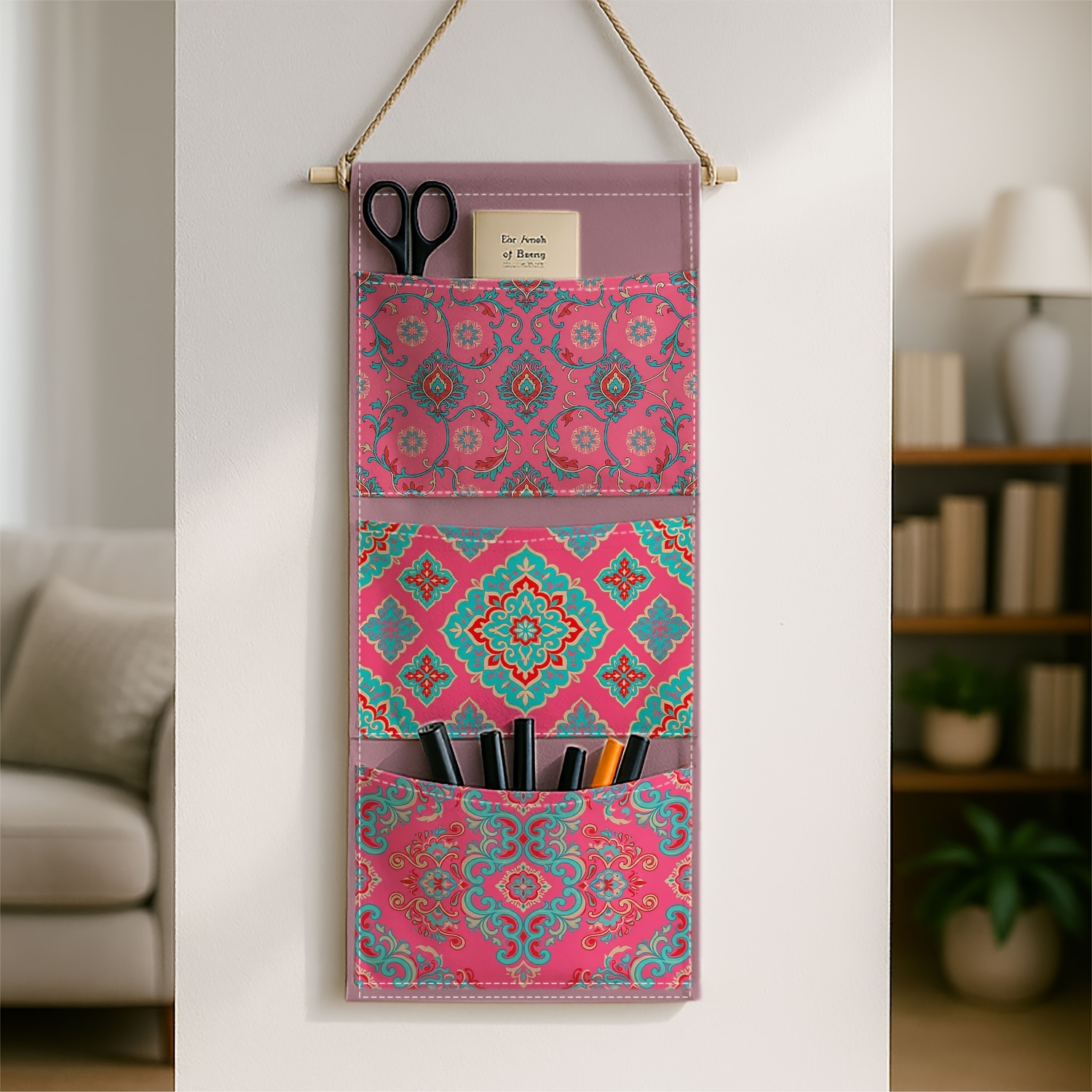 TEMU 1pc Vertical Hanging Fabric Wall-mounted Organizer With Pink & Red Ethnic Geometric Pattern - Suitable For , Closets, , Space-saving Storage