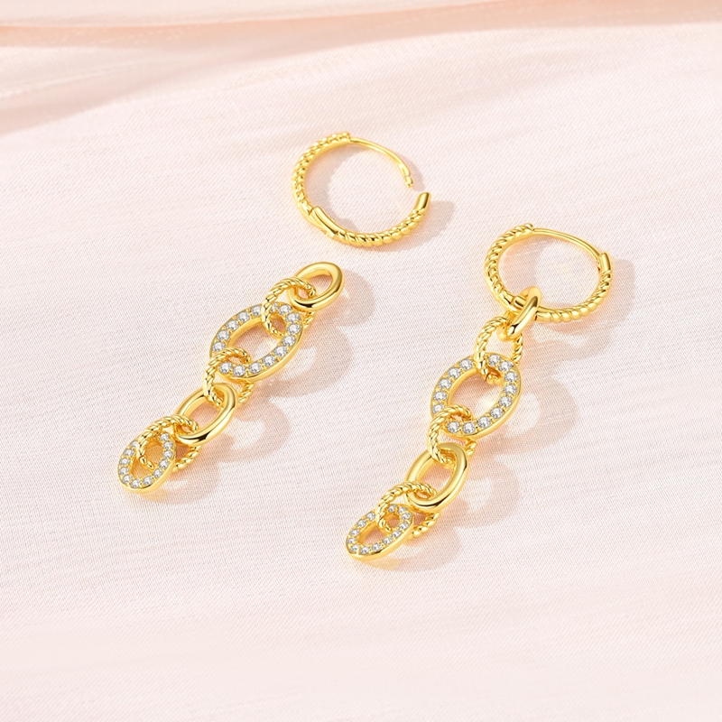 Women's 925 Silver Golden Twisted Chain Earrings, Elegant Design