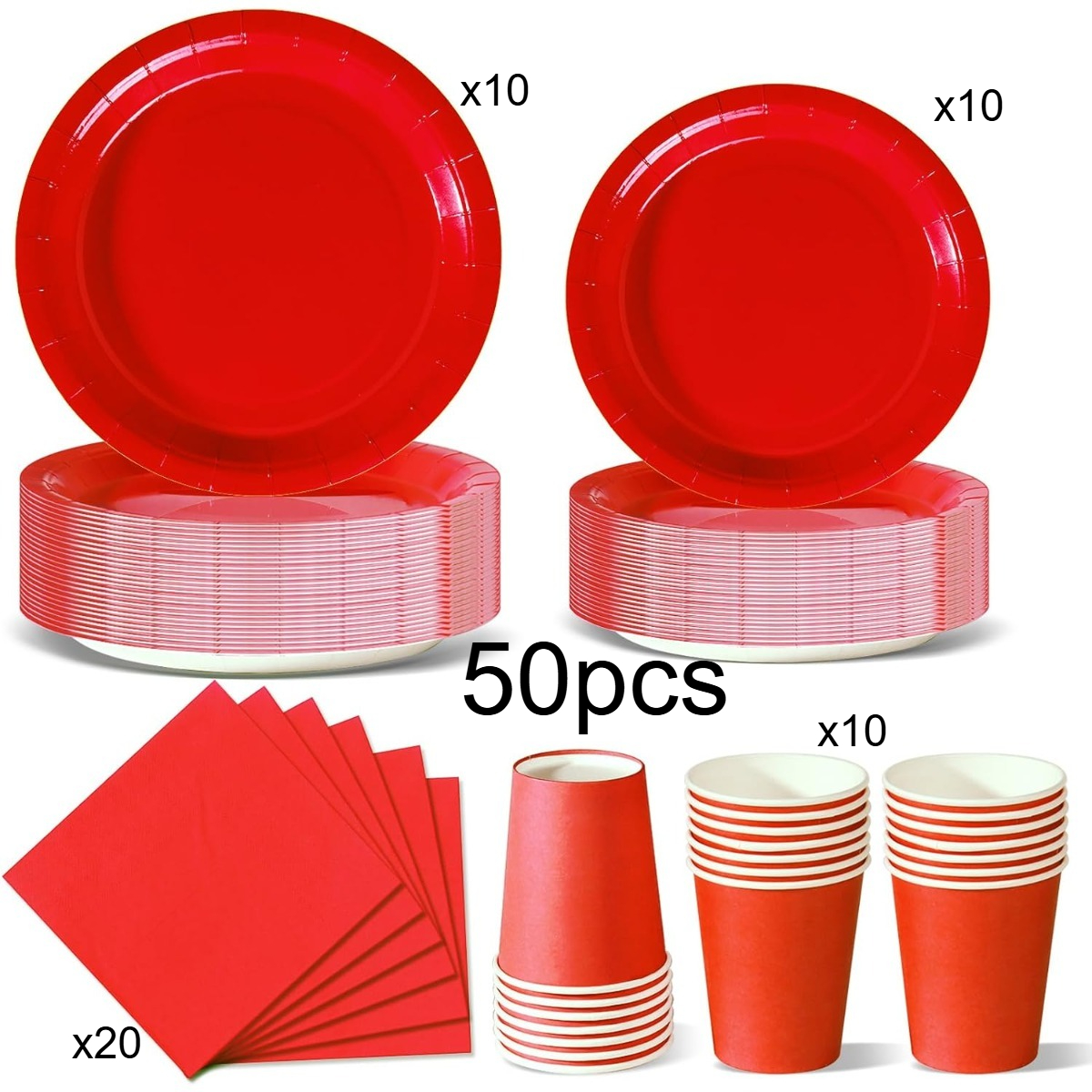 Image of 50pcs Party Tableware, Christmas Colorful Party Supplies Set Solid Color Paper Plates Cups And Napkins For Birthday Party Supplies Suitable For Including Halloween And Valentine's Day