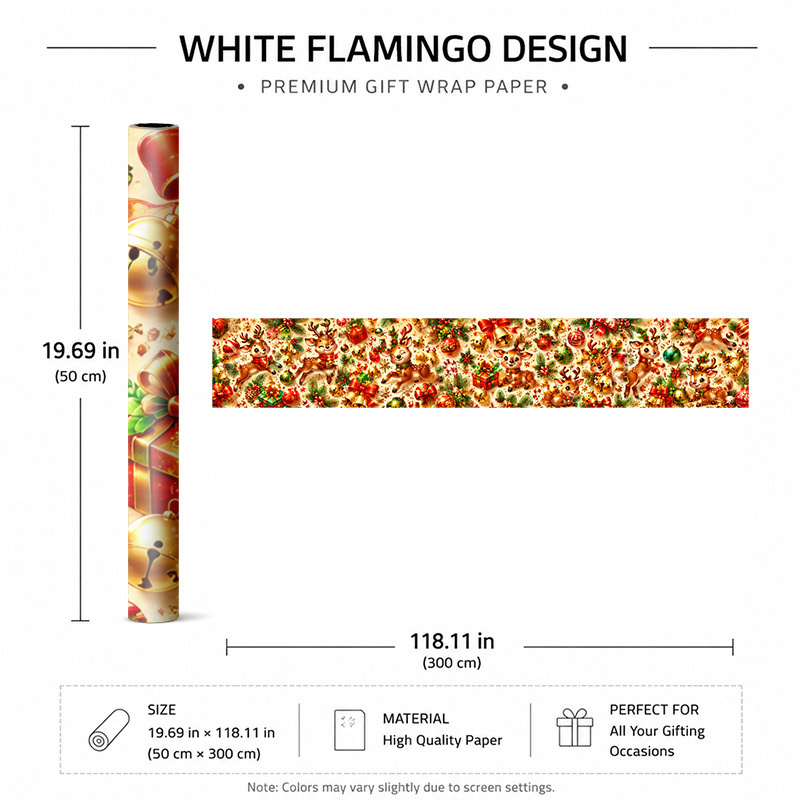TEMU 2D Flach 1 Rolle 50X300Cm (19.7X118.1In) Hochwertiges Weihnachtsgeschenkpapier für Weihnachtsfeier, Winter Geschenkpapier mit festlichen Glocken