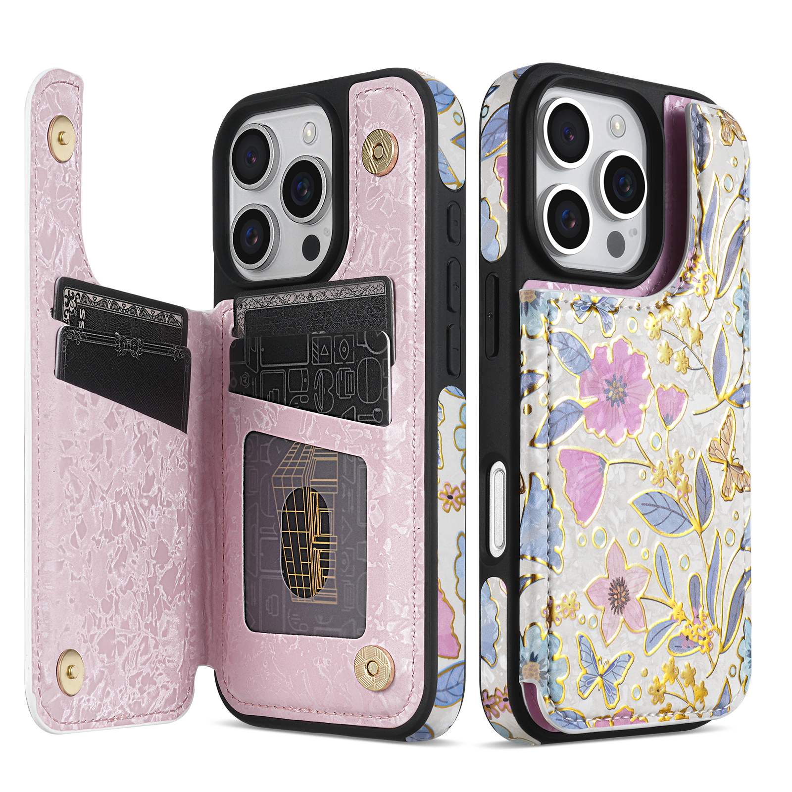 Luxury Wallet Foil Printed Embossing Hot Stamped Floral Pattern Double Buckle RFID Blocking With Card Slot Support Flip PU Artificial Leather Case Compatible With for iphone 16 Pro Max 15 Plus 14 Pro 13 Mini 12 11 XS MAX XR 7 8 SE2 SE3 Business Cover