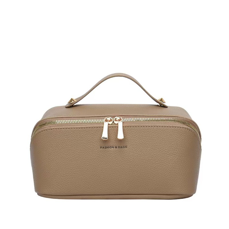 TEMU Faux Leather Makeup Bag, With Hand Carry Short Strap Large Capacity Portable Makeup Bag, Golden Double Zipper Toiletry Organizer, Suitable For