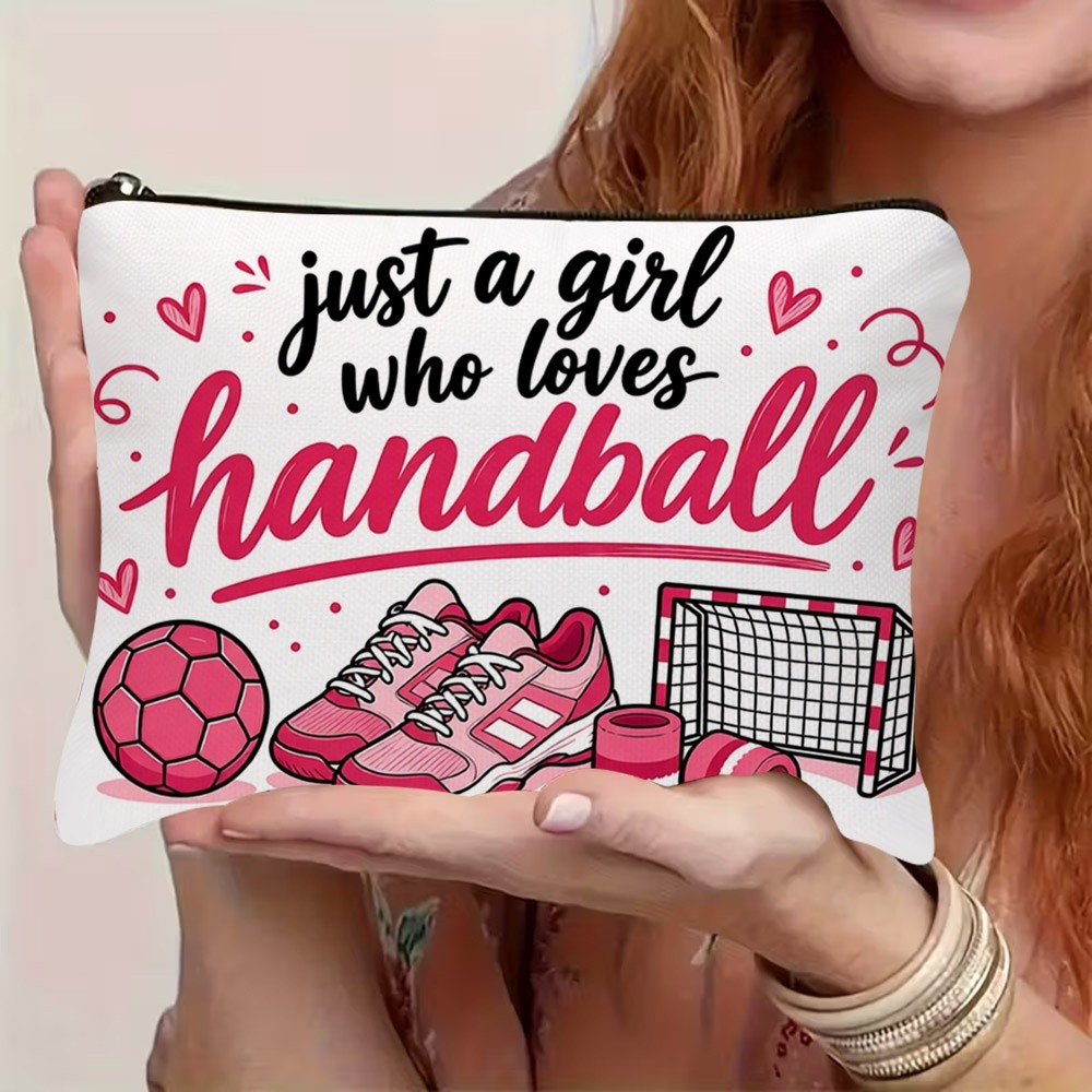 TEMU 1pc Handball-themed Cosmetic Bag Suitable For & - Hand-drawn " Who Handball" With Zipper Closure, Lightweight Portable Pouch For Handball Gear,,