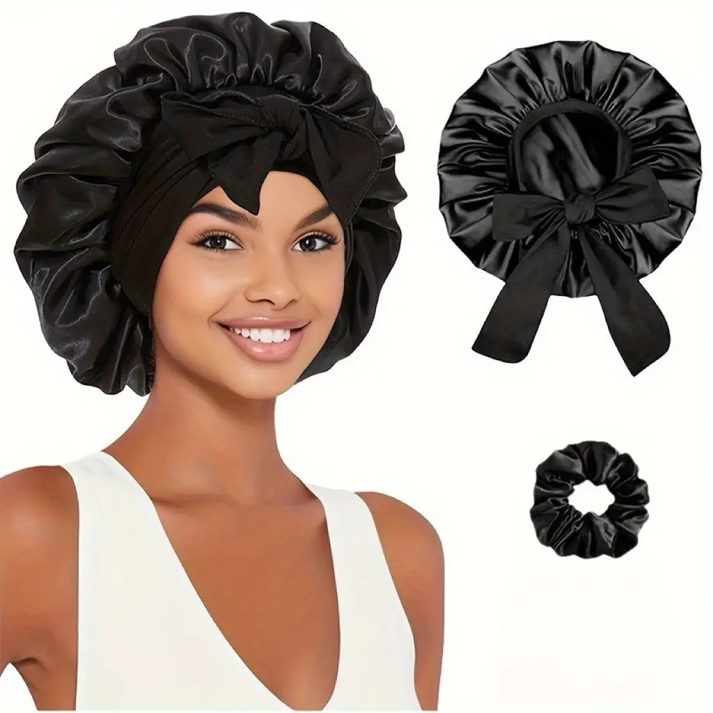 E-shop 2 Stück Damen Seiden- Set – Weiches, dehnbares Haarnetz mit Zugband, atmungsaktive für Locken Zöpfe, Schwarz Rosa
