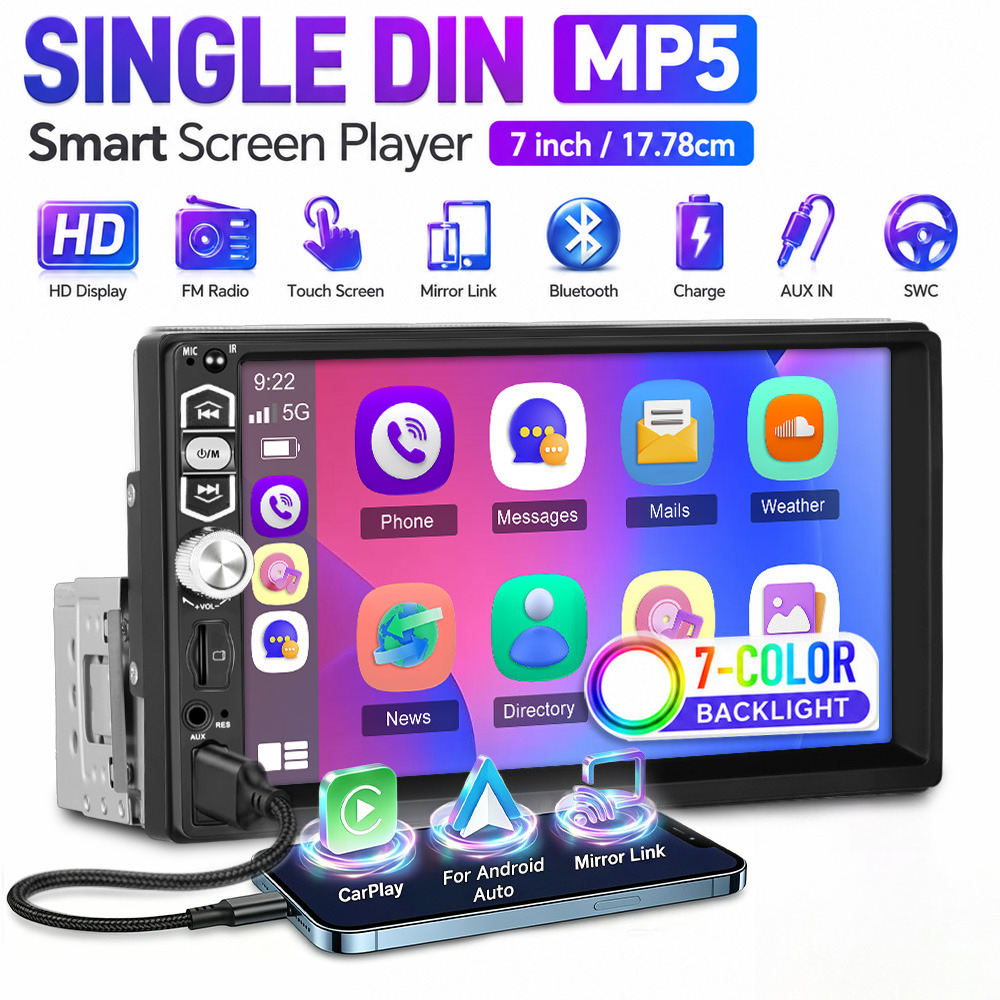 1 Din 7-inch Touchscreen Car Radio Support Wired Carplay & Auto & With Wireless, Fm, Colorful Backlight, Tf/usb/mic/swc/aux With 12led Camera (optional)