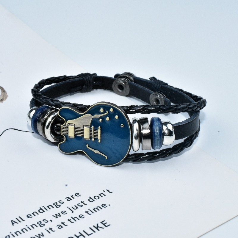 TEMU 1pc Party Decoration Bracelet, Alloy Music Faux Leather Bracelet, Buckle Style, Guitar Style Accessory, Craft Stainless Steel Faux Leather Woven