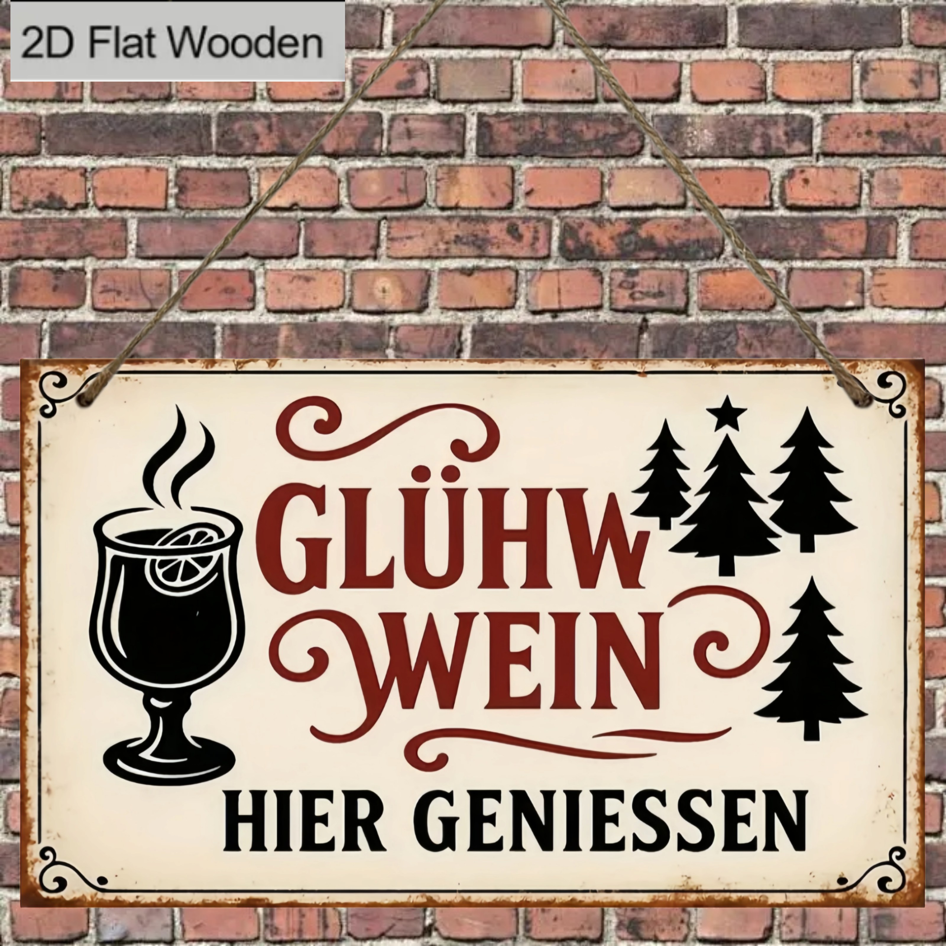 Image of 2d Flat, 1pc Vintage German " Genießen" Wooden Wall Sign - Artificial Wood Retro German Mulled Wine Plaque For Home, Bar, Decor - 12.7x20cm (5"x8") Hanging Decoration With "hot Wine Here" , 2d Flat