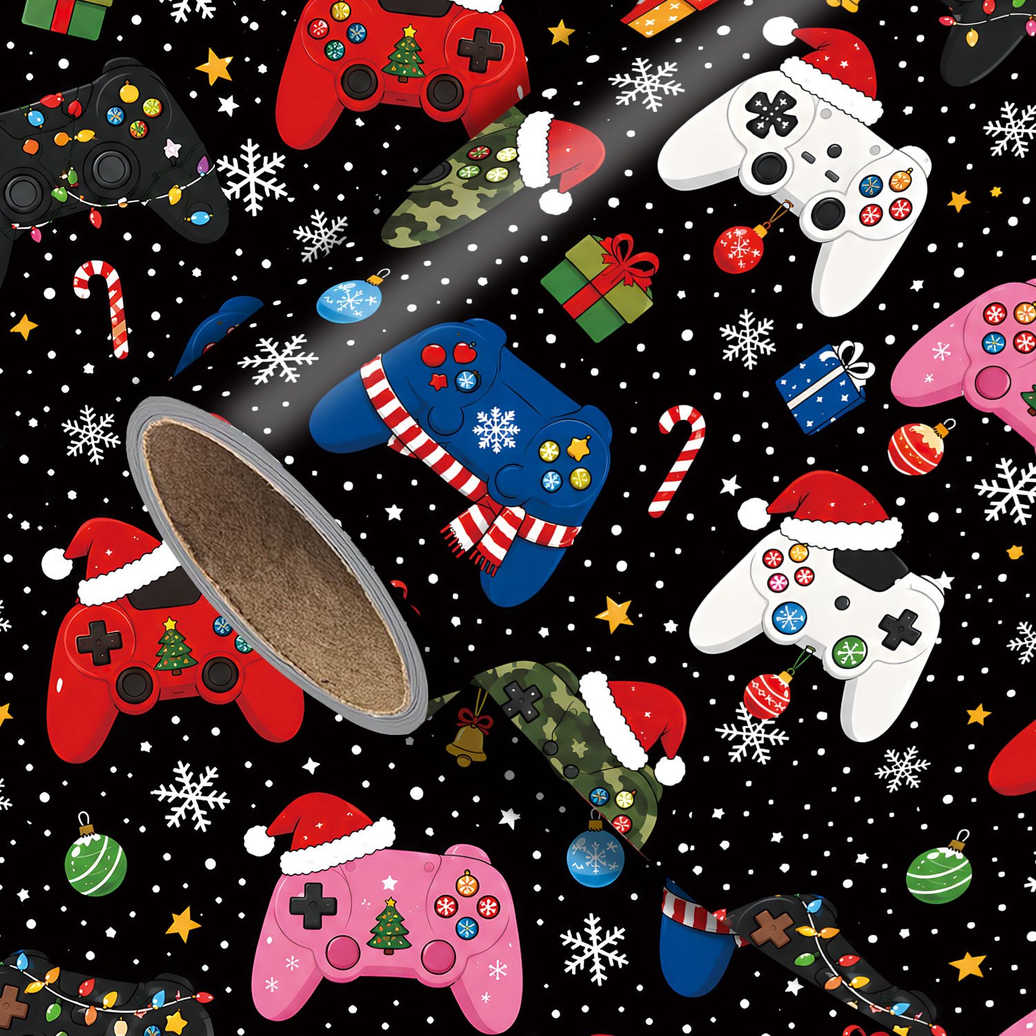 TEMU 1 Rouleau de de Noël Noir, 17,7 po x 118 po, de Noël de Jeu avec Bonnets du Père Noël, Écharpes Rayées, de Neige, en Sucre et de Fêtes pour