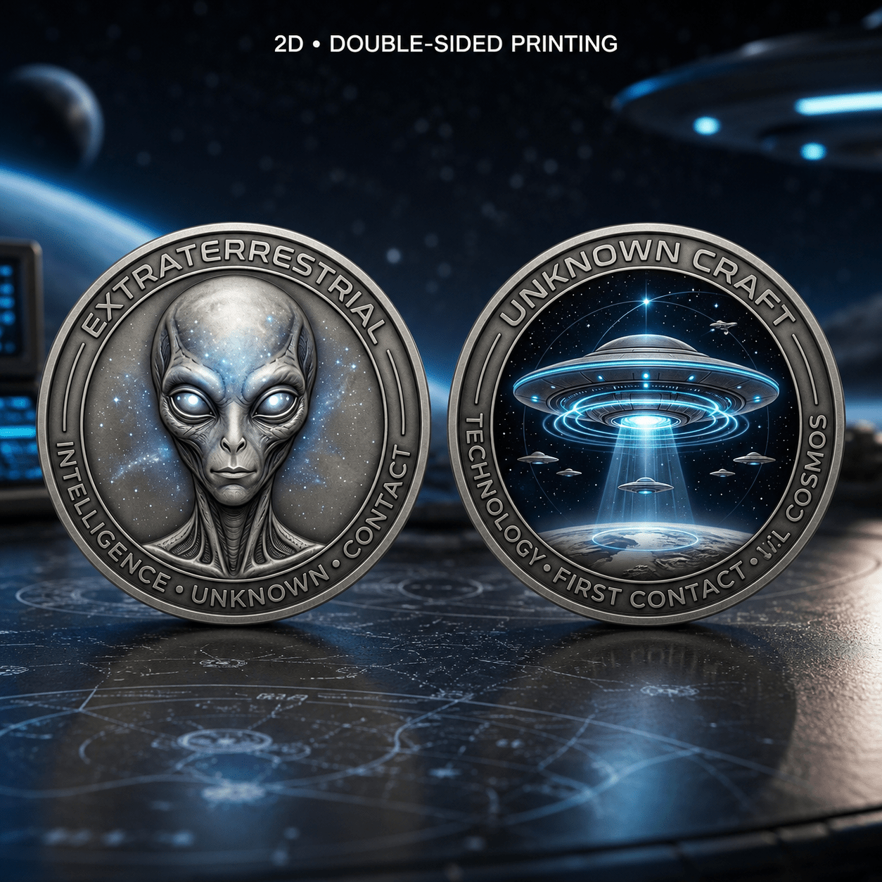 TEMU Replica Coin: Contact Coin, Featuring A Gray Head, Ufo Beam, First-contact Signal, And A Mysterious Deep-space Theme Design. Suitable For