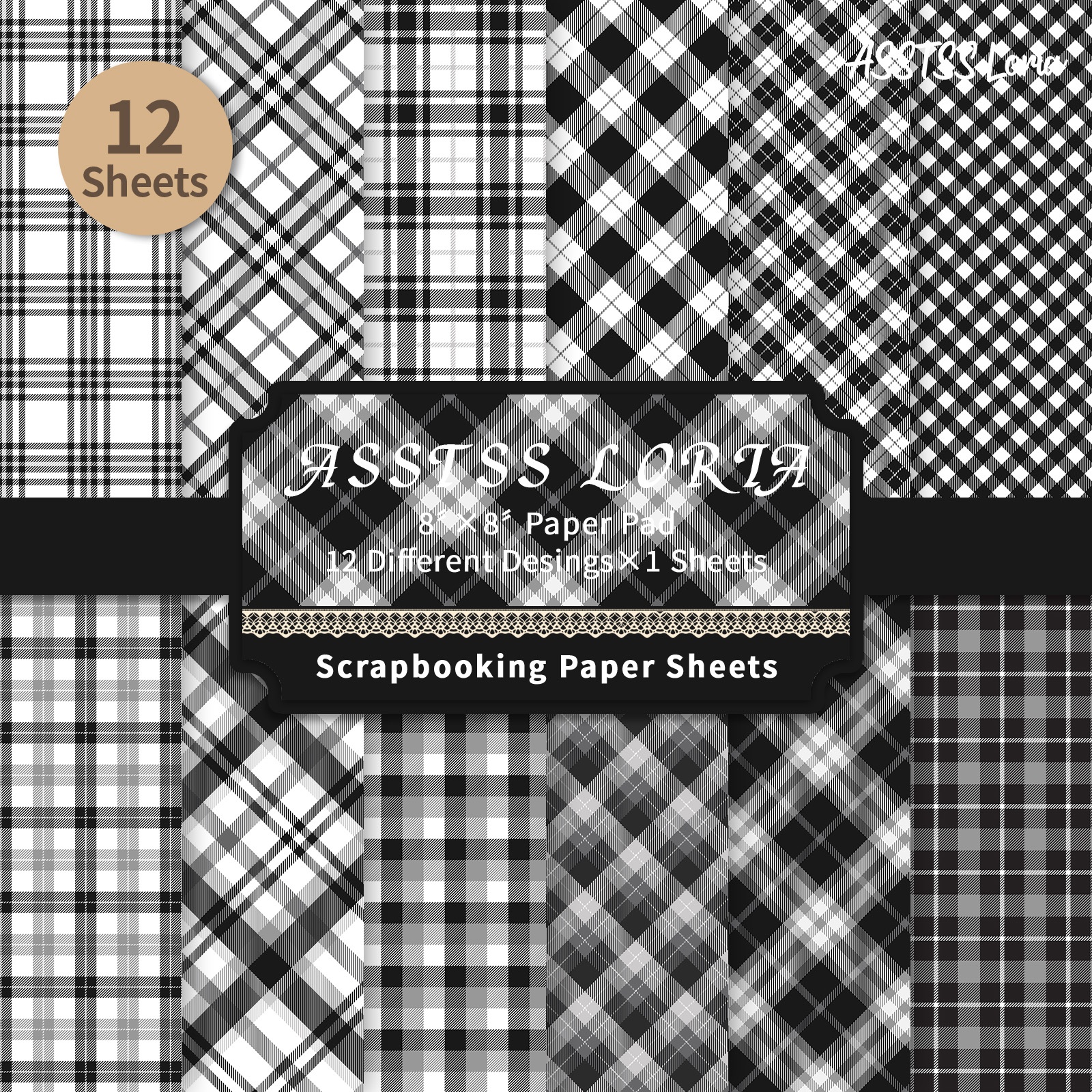 TEMU Bloc de papier de scrapbooking ASSTSS Loria 12 feuilles 8*8 pouces, fournitures de papier de support à motif à rayures et à , papier cartonné