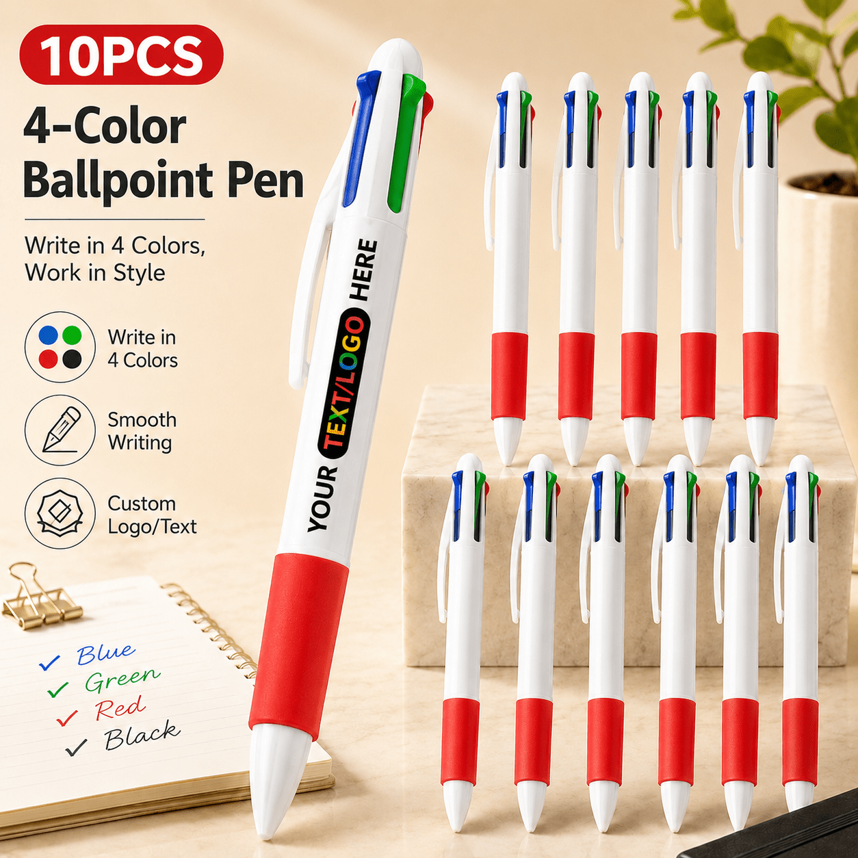 TEMU Set di 10 penne in 4 colori, personalizzabili con , con impugnatura in gomma morbida scrittura . Ideali per lavoro, studio, pianificazione,