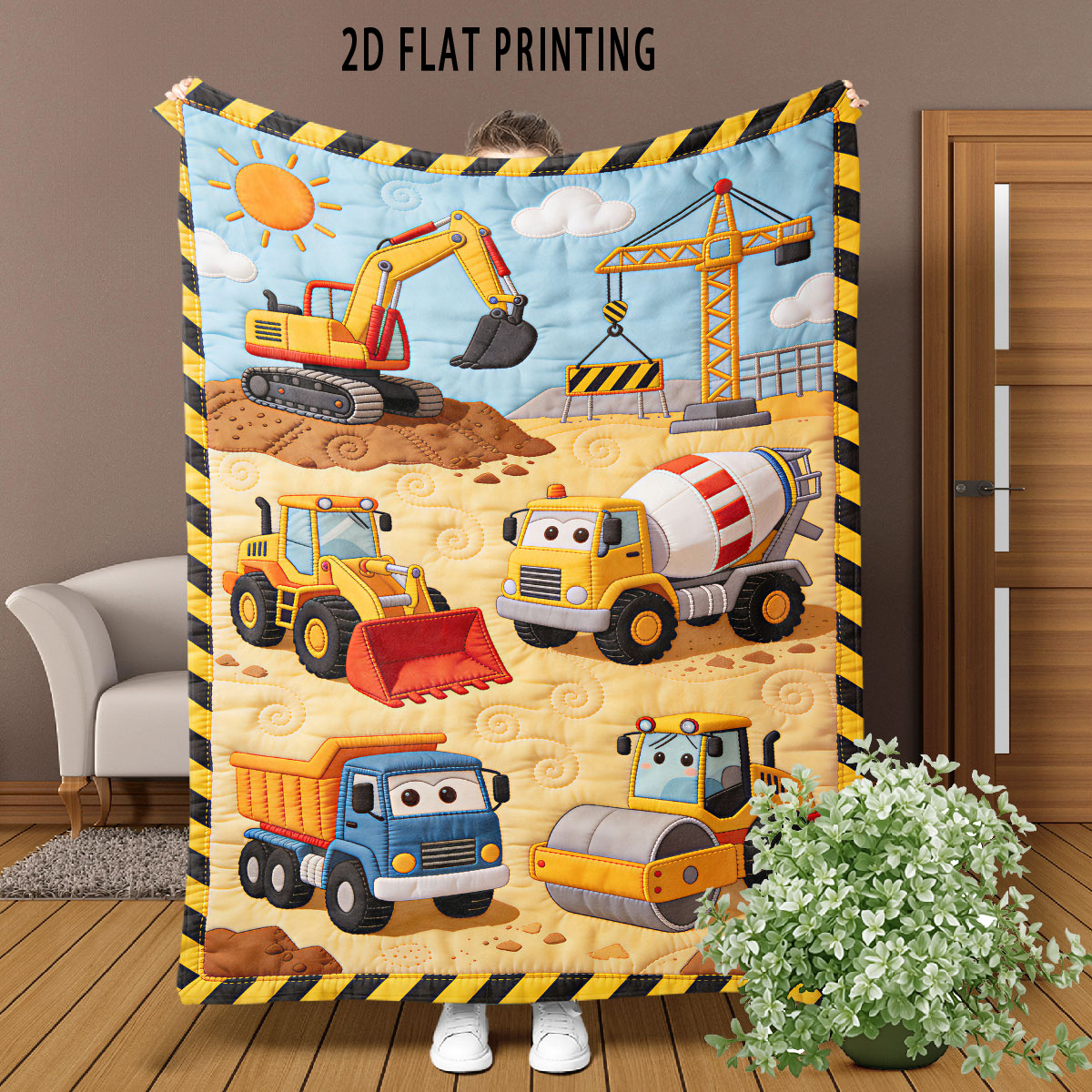 TEMU 1pc Of 2d Printed Lightweight Flannel Blanket, Construction Site Cartoon Engineering Vehicle Blanket, Excavator Bulldozer Pattern Nap Blanket,