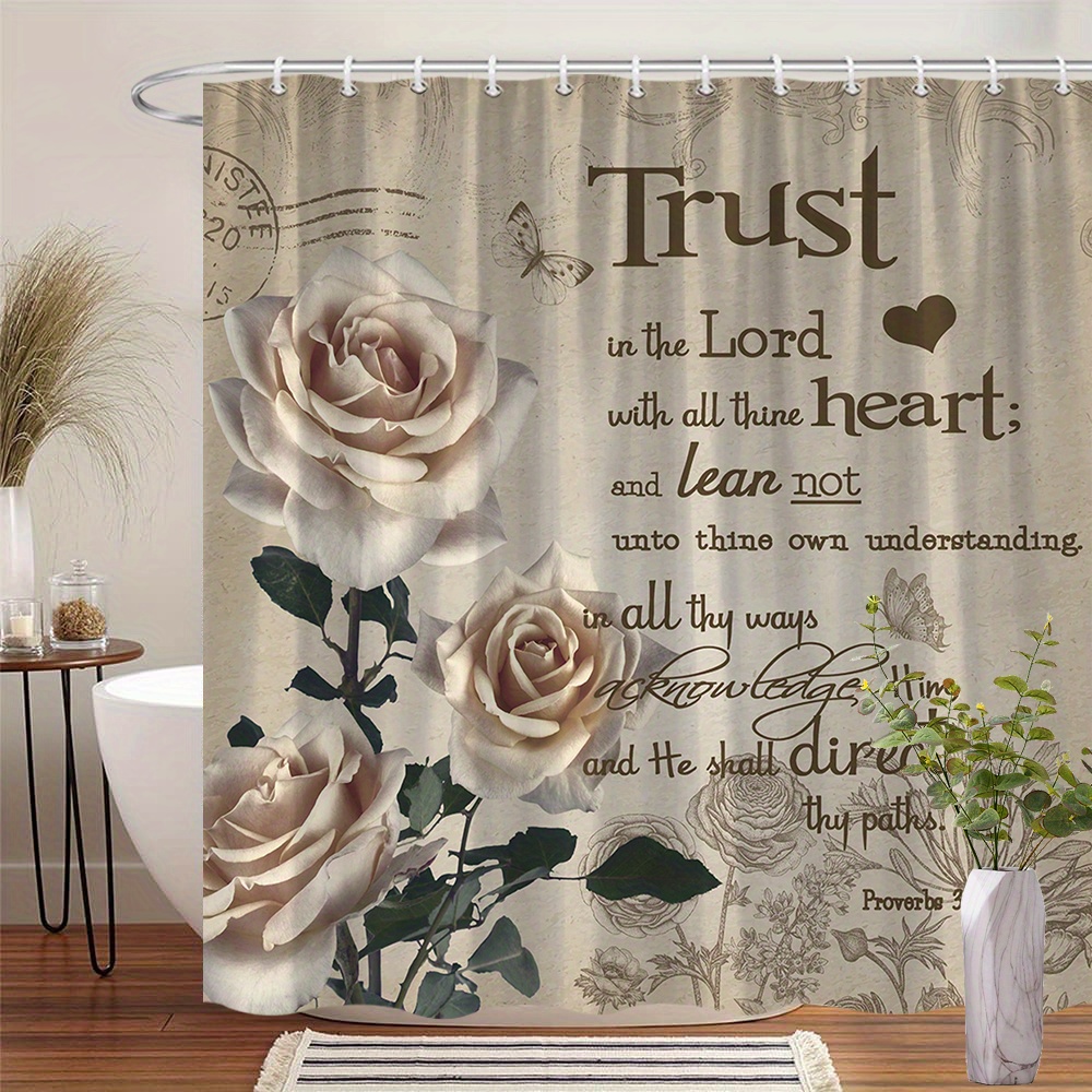 TEMU Rideau de Douche Inspirant avec Biblique - Proverbes 3:5 sur Motif Vintage avec Roses Crème, Papillons et Cœur, Tissu en Polyester 70x70 Pouces,