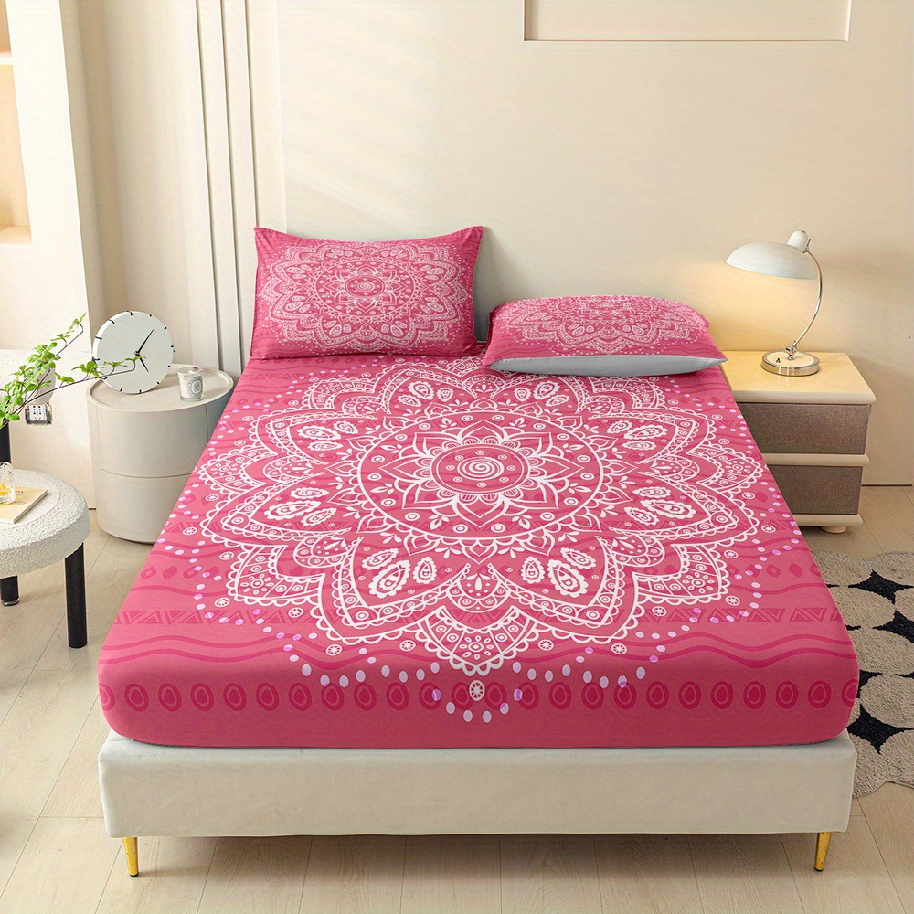 TEMU 3pcs Mandala Printed Fitted Sheet Set, Queen Mattress Cover, Twin Mattress Protector, King Bedding Set, Polyester Machine Washable, Bedroom ,