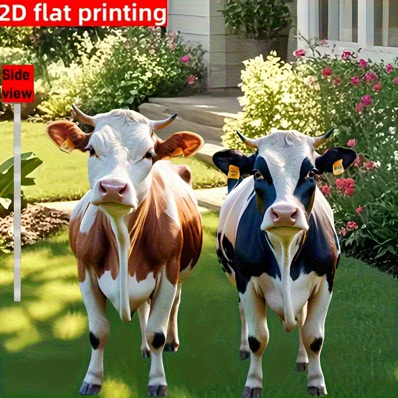 TEMU 2d Flat, 2d Flat Cow Combination Garden Sign Set, Outdoor Use, Flower Pot And Landscape Decoration, Yard Lawn Insert Decoration, For