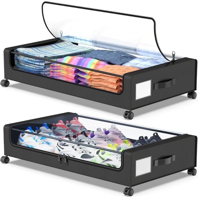 2pcs Underbed Rolling Storage Containers, Large Capacity Organizer Boxes With Casters, Multipurpose Movable Storage For Clothing, Shoes, Bedding For Bedroom Home Use, Under-bed Storage