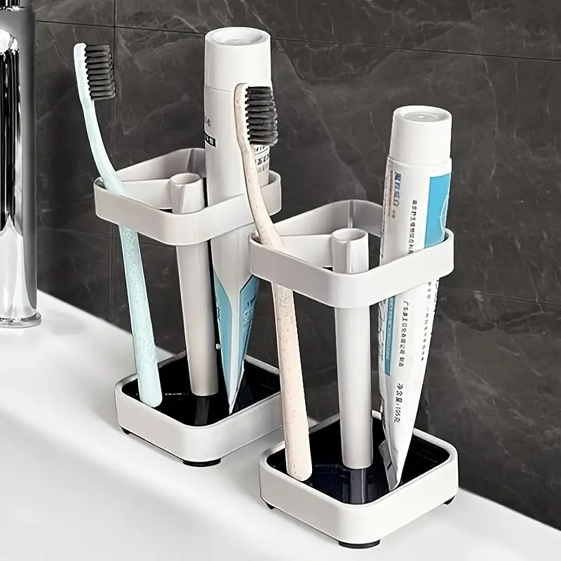 1pc sleek white toothbrush holder with cup lid 3 slot bathroom organizer for electric toothbrushes toothpaste dental floss razors   plastic no power needed ideal for modern marble countertops toothbrush and toothpaste holder details 2