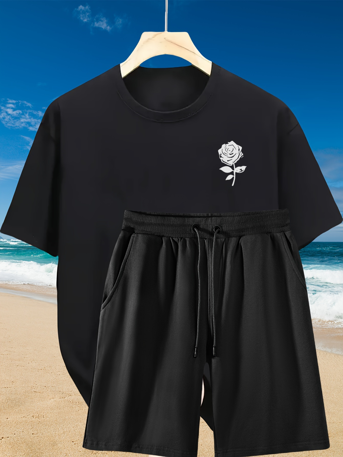 2pcs Men'S Summer Casual Outfit: Relaxed Fit Cotton T-Shirt & Drawstring Shorts Set - Floral Graphic Printed - Sporty, Comfortable, Beach-Ready, Summer Shorts, for Daily & Weekend Casual Wea