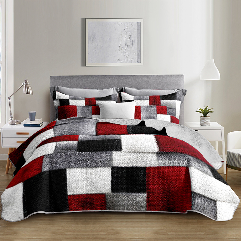 juego de colcha acolchada   con estampado geométrico cuadrado minimalista moderno de 2/3 piezas (1 colcha + 1/2 fundas de almohada sin relleno de almohada), impresión hd para dormitorio en casa de tamaño queen  . transpirable y   de  