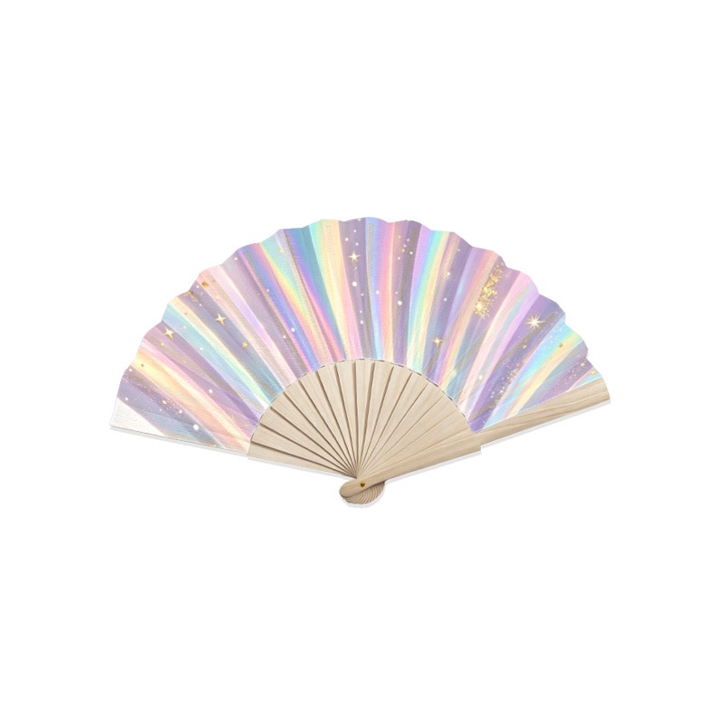 TEMU Vibrant Starburst Glitter Decorative Craft Fan With Natural Wood Frame, 1pc Wood Slat Style, Pastel Iridescent Design With Accents, Ideal Boho