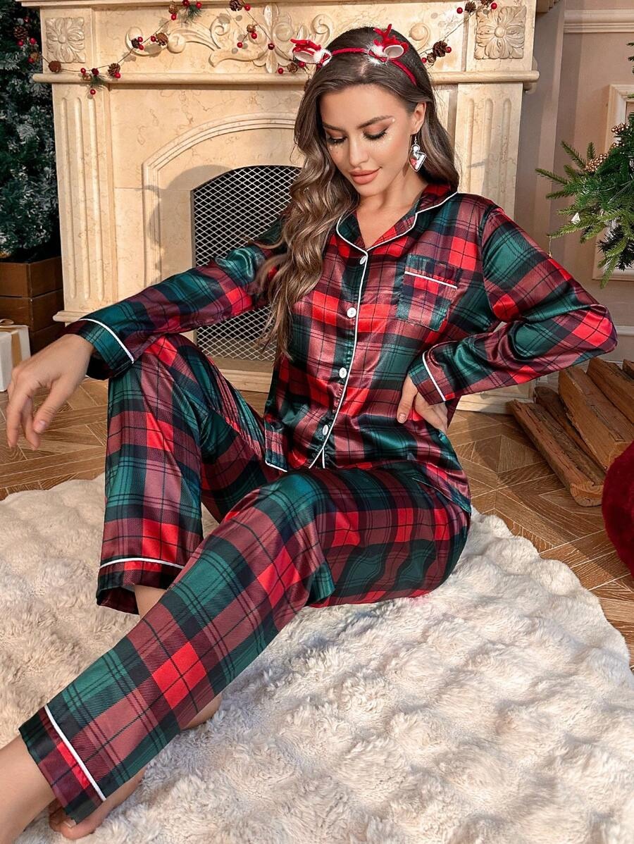 Women'S Cozy Red & Black Plaid Satin Pajama Set - Long Sleeve, Button-Up, Casual Winter Sleepwear with Festive Christmas Tree Design, Perfect for Holiday Relaxation, Holiday Relaxation Wear|Plaid Pattern|Satin Finish, Christma Pj Women, Christma Pj Set, Xma Pj Women, Pajama/night Wear/pj Set For Women
