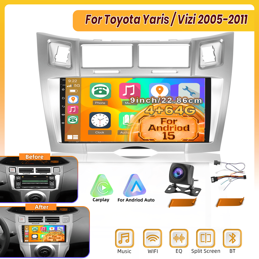 Image of Car Radio For Yaris/ 2005-2011, 15 (4g+64g) 9 Inch Touchscreen, Features Integrated /, Eq/fm/rds Radio, Bluetooth 5.0, Wifi Download, Swc, And Reversing Input.