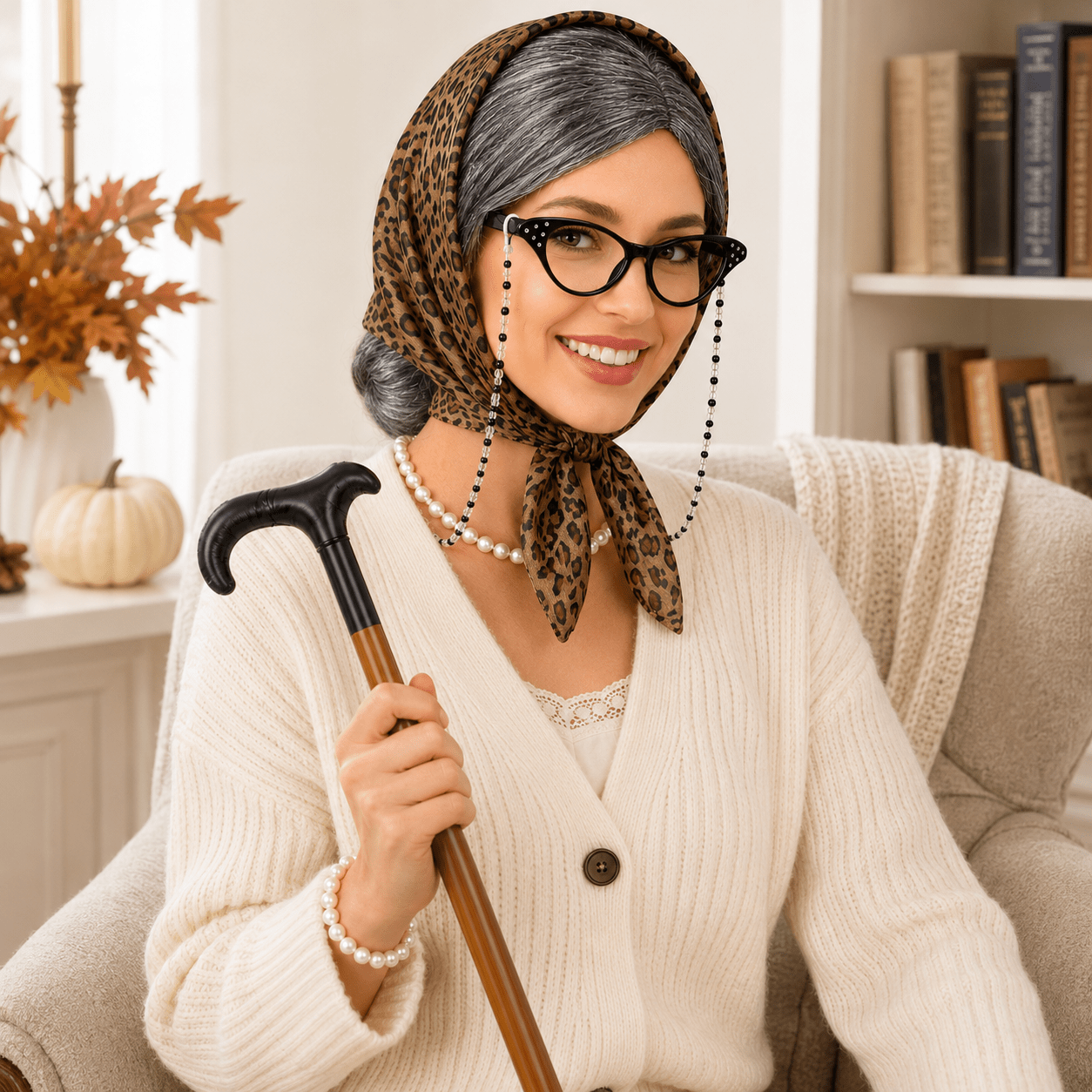 7pcs Grandma Costume Set with Pearl Jewelry